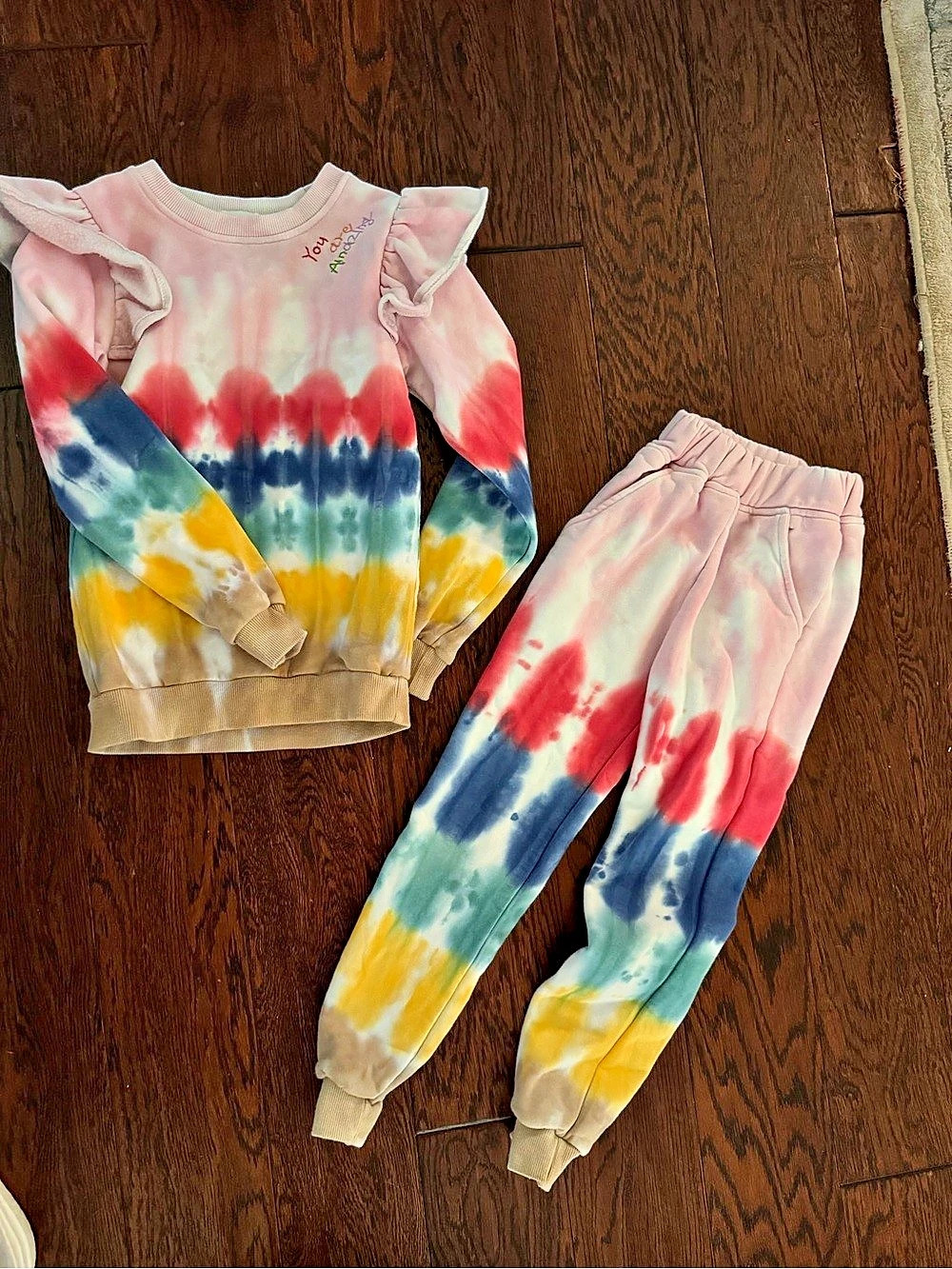 Lola & the Boys Rainbow Tie Dye Ruffle Sweatshirt & Joggers Set in Pink &
